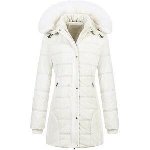 Women's Cream Winter Velvet Puffer Jacket Quilted Coat Faux Fur Hood Fabric